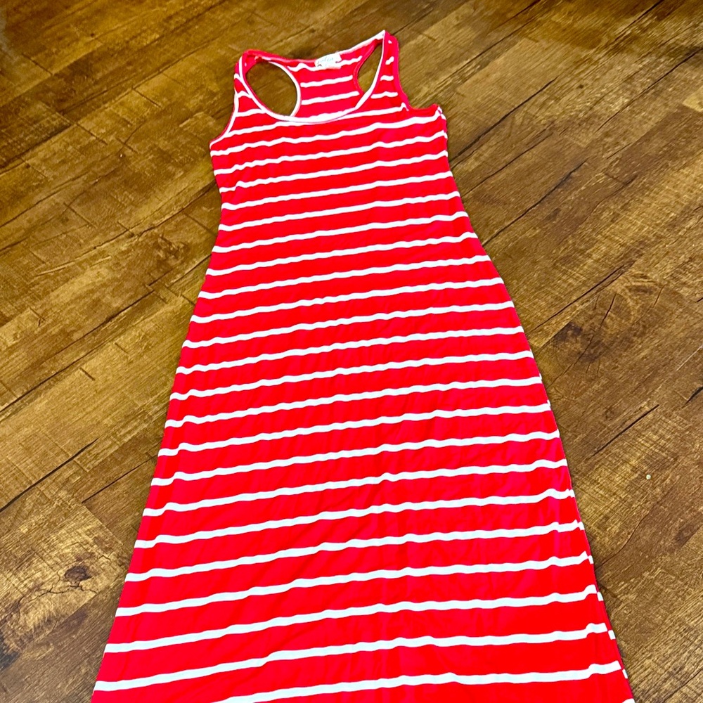 Red and white striped maxi dress with razorback..